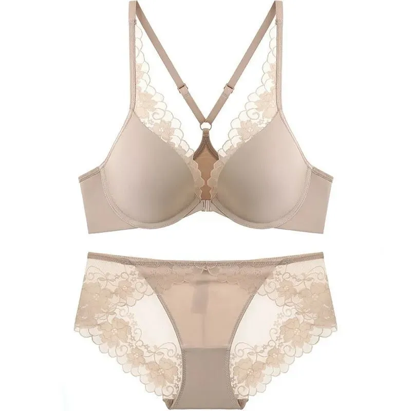 high quality sexy women bras and brief two piece set front closed push up lace A B C cup wire summer lingerie underwear black
