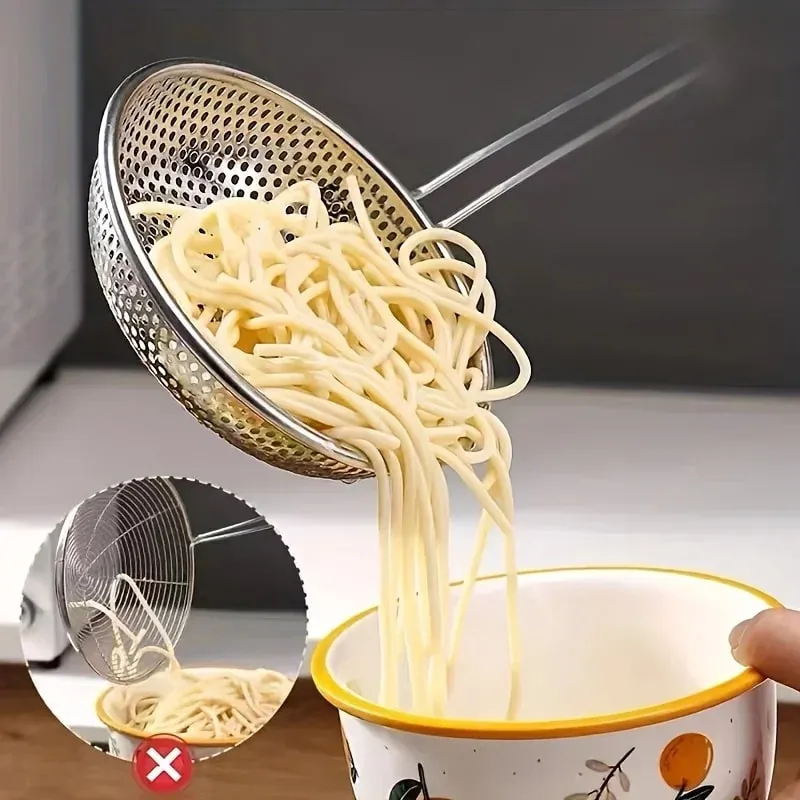 Scolapasta in acciaio inossidabile con manico in legno - Cucchiaio schiumarola a maglia fine per cucinare, preparare alimenti, filtrare il grasso per tagliatelle di pasta — image 4