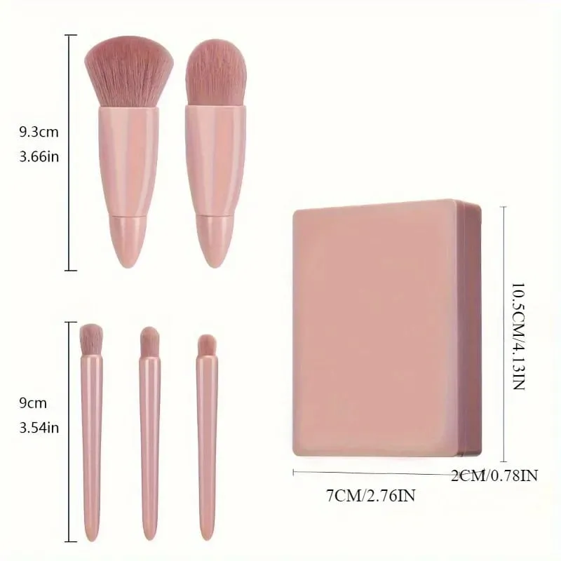 5pcs Mini Makeup Brush Set with Mirror - Multifunctional Travel Cosmetic Brushes Unscented Palm Brush Design Makeup Tools — image 6