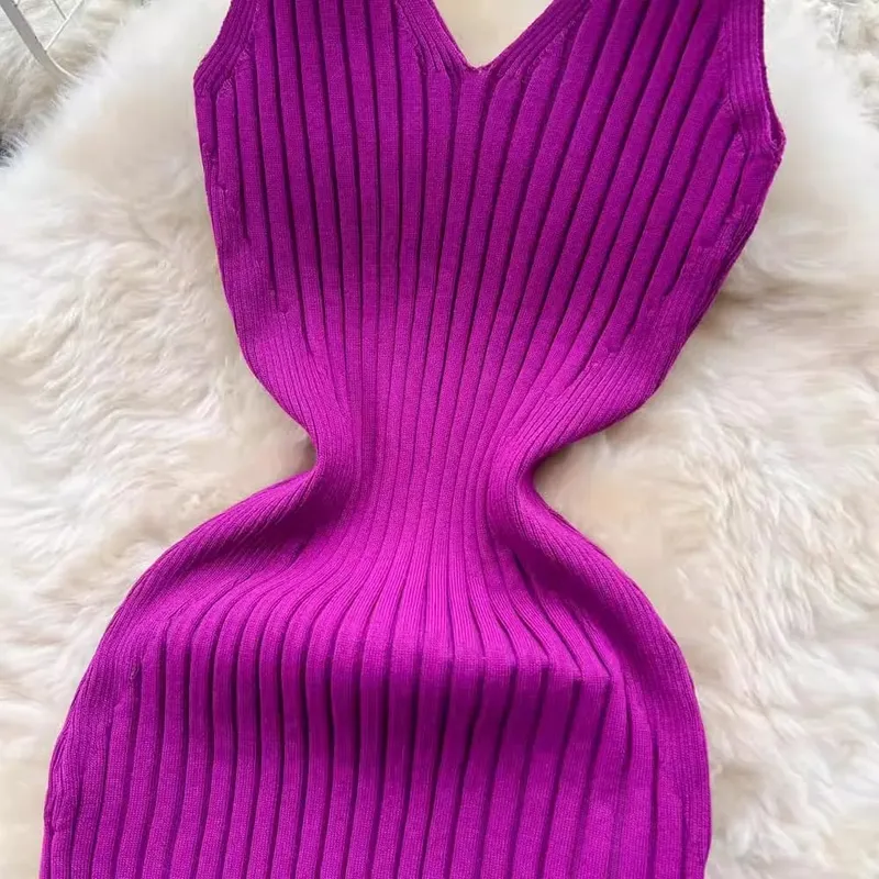 Women V Neck Solid Ribben Knitted Dresses Casual All Match Slimple Sexy Package Hips Bodycon Dress Elegant Vestidos Streetwear — image 6