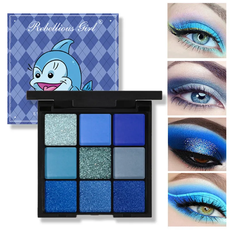 Palette de fards à paupières, 9 couleurs, bleu dauphin, résistant à la sueur, mat naturel, nacré, paillettes, maquillage pour les yeux, cosmétiques pour Festival de musique — image 3