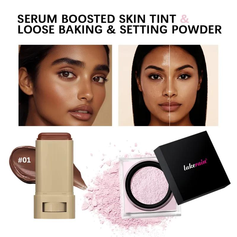 Serum Boosted Skin Tint Stick & Loose Baking Setting Powder Kawalan Minyak Mekap Alas Pakaian Panjang Mekap Sekata Tona Kulit Mekap Kemasan Matte