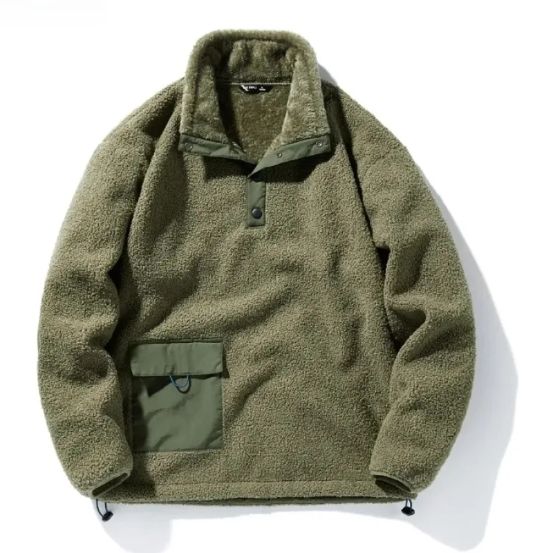 Nye sweatshirts til mænd Fashion Patchwork Lomme Fleece-foret Varm Pullover Overdele Polar-fleece til mænd Løse Casual Hættetrøjer Frakker — image 2