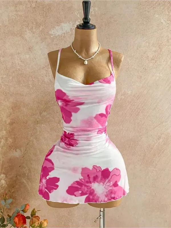 Abito da donna con cinturino sottile e collo ad anello rosa con stampa floreale laterale con volant increspato sul mini abito aderente 2026 Summer Tropical Beach Y2K per uscire — image 6
