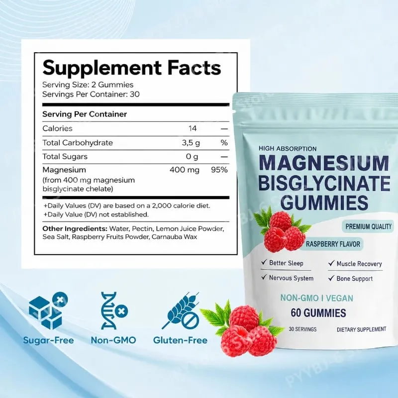 Caramelle gommose bisglicinate di magnesio ad alto assorbimento sapore di lampone vegano 60 conteggi supporto per la salute delle ossa muscolari non OGM senza glutine — image 7