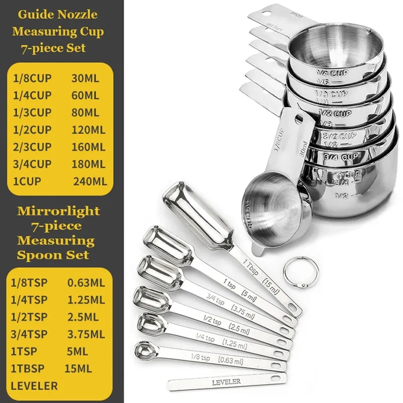 Set Cawan Sukat dan Sudu Keluli Tahan Karat 14PCS dengan Bahan Kering dan Cecair Penyamaratakan Sesuai untuk Memasak & Membakar — image 9