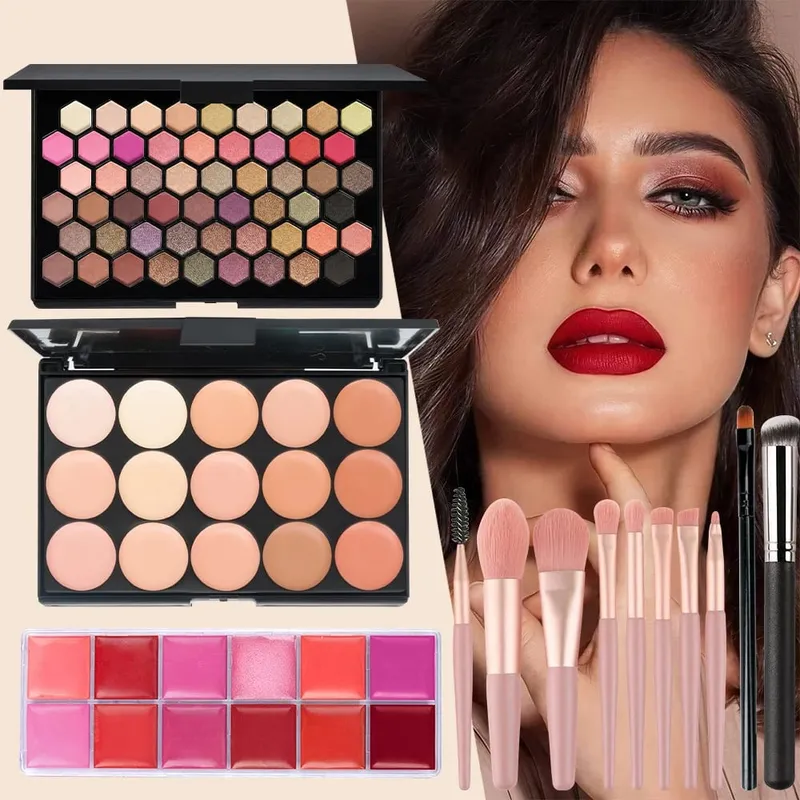 Kits de maquillage 6 pièces, Palette de fard à paupières 54 couleurs, Palette de correcteur de 15 couleurs, brillant à lèvres 12 couleurs avec 9 pinceaux, ensemble complet de pinceaux à lèvres — image 1