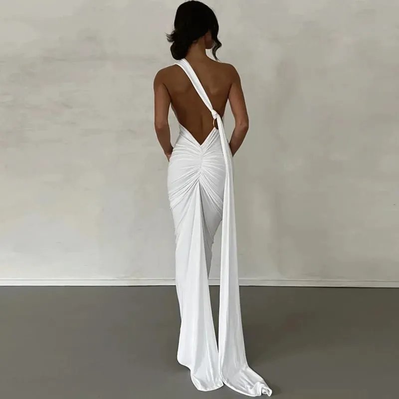 Robe longue sans manches pour femme, asymétrique épaule dénudée, écharpe réglable, boucle froncée, dos nu, moulante, tenue de fête, de Festival, robe longue élégante