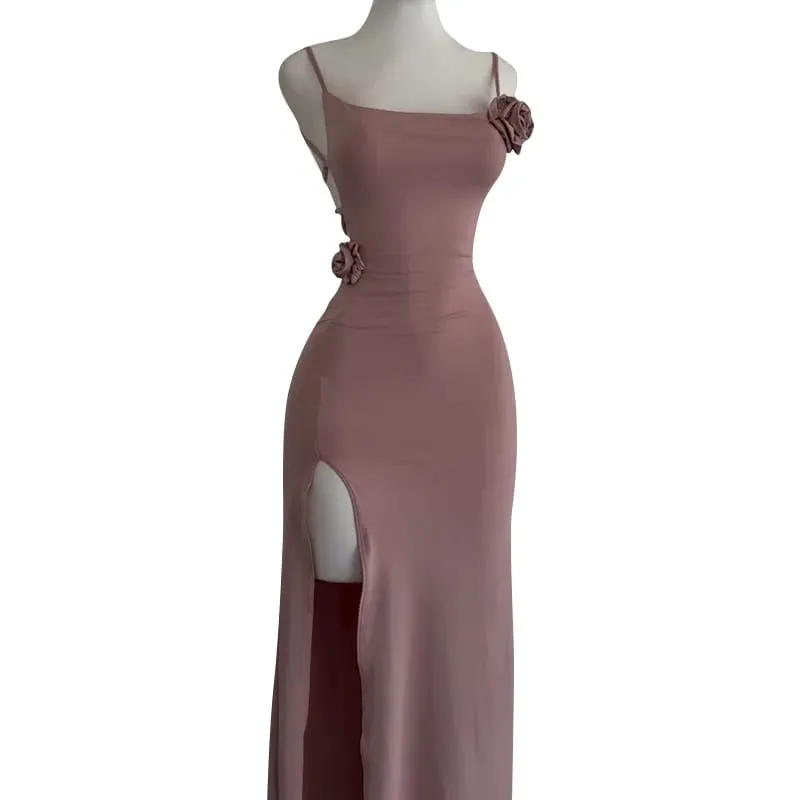 Sexy Sleeveless Slit Dress Openwork Elegant Three-dimensional Rose Slim Dress 2025 Summer Fashion Ladies Party Club Vestidos