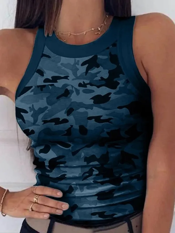 Damski Casual Camo wokół szyi prążkowany podkoszulek lato podstawowe elastyczna koszulka na ramiączkach seksowna bez rękawów kamizelka z wycięciem pod szyją odzież damska