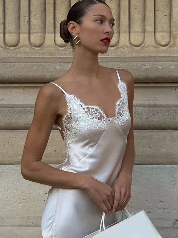 Abito maxi con fionda patchwork in pizzo Abito lungo da donna sexy con scollo a V solido senza maniche senza schienale in raso abito lungo da donna chic — image 4