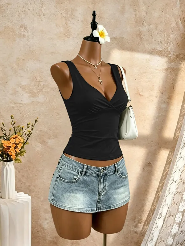 Frauen Breiten Gurt Tiefem V Wrap Vorne Offen Zurück Krawatte Schlank Crop Leibchen 2026 Sommer Y2K Ausgehen Streetwear Tank tops — image 5