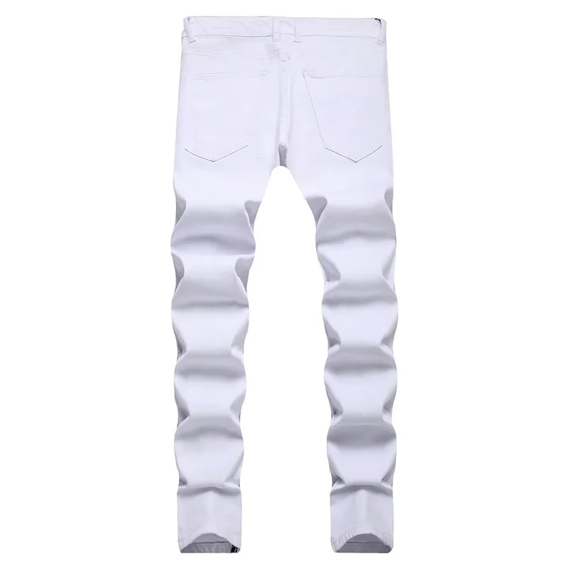 ผู้ชายทาสียืดกางเกงยีนส์ซิปปุ่ม Fly BIKER กางเกง Streetwear สีขาวกางเกงเรียวบาง — image 2