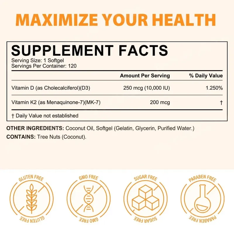 AcentiaLabs Vitamin D3 & K2 Softgels dengan Fungsi Kekebalan Minyak Kelapa dan Dukungan Tulang Bebas Gluten Non-GMO 120 Softgels — image 3