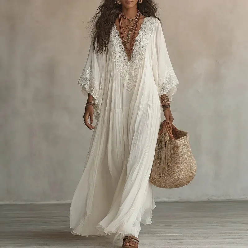 ฤดูร้อนElegant Solidชุดสตรีลำลองลูกไม้Trim VคอFlowy MaxiชุดชายหาดHoliday Party Maxi Dresses Robe Vestidos — image 2