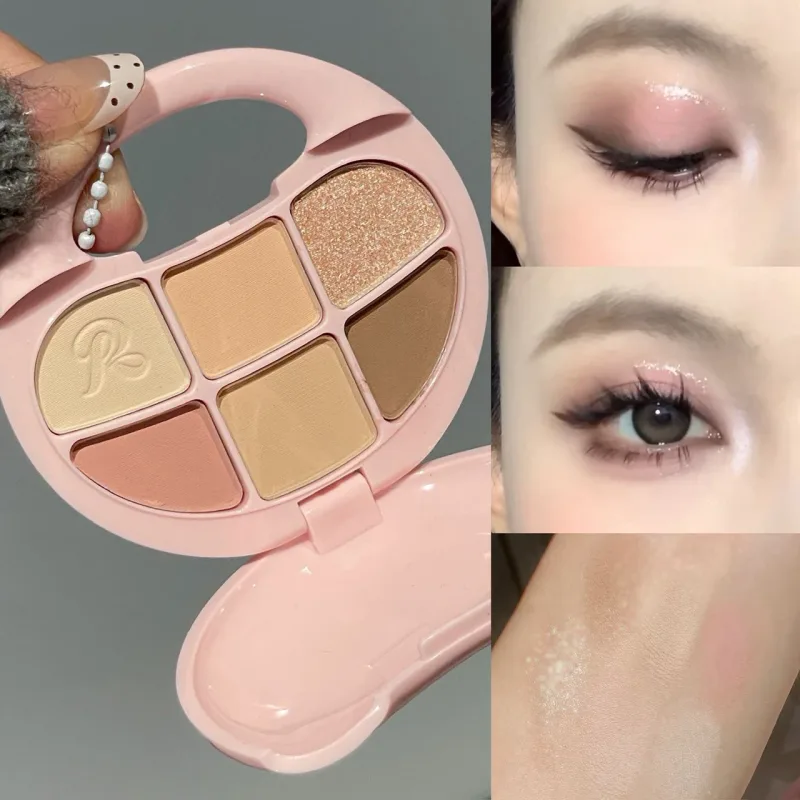 Palette di ombretti marrone castano da 6 colori Ombretto opaco luccicante Illumina la tavolozza di trucco con pigmenti per occhi rosa glitterati impermeabili