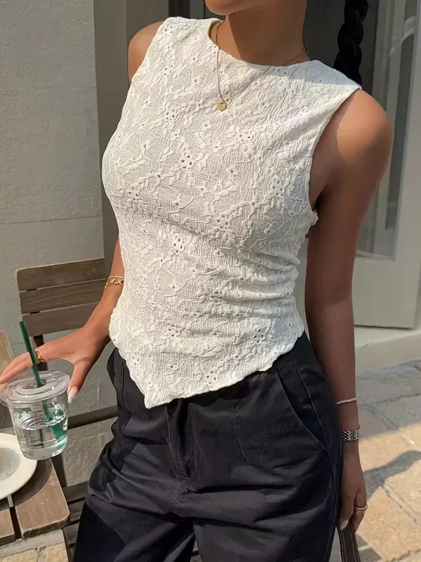 Women's Y2K Double-Layer Lace Slim Shoulder Strap Vest - Asymmetrical Hem Round Neck Lightweight Summer Shirt — image 5