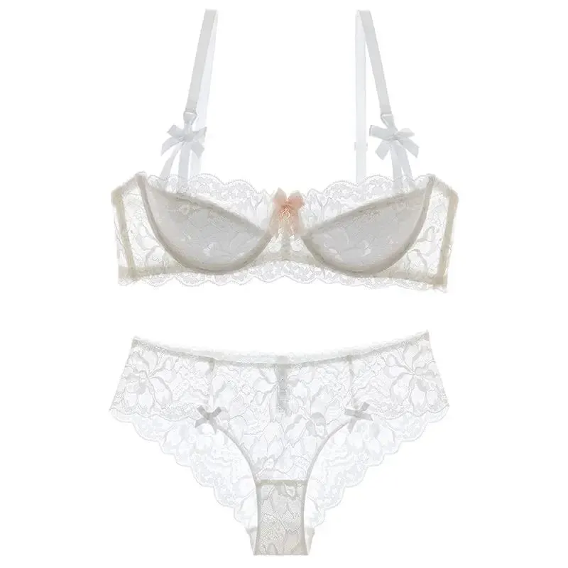 Franse Kant Half Cup Bh Set Strik Schouderriem Dunne Grote Buste Minimizer Pure Desire Lingerie Voor Tienermeisjes Dagelijkse Outfit — image 9