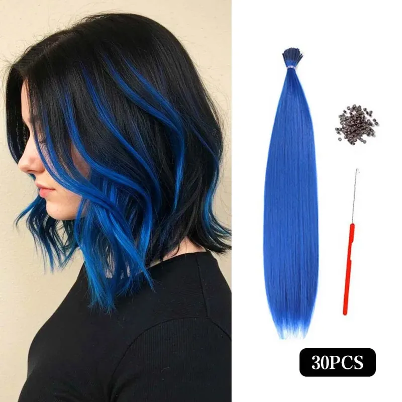 30pcs Sambungan Rambut Berwarna 16-Inci I-Tip Sambungan Sintetik. Kit gaya panjang untuk wanita ini termasuk manik dan alat mengait — image 7