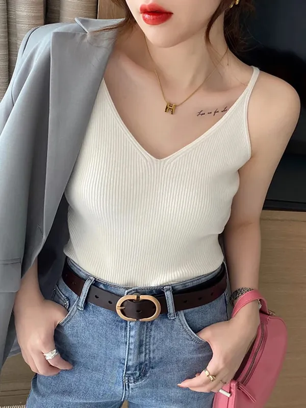 Corée D'été Hauts Nouveau Solide Col En V Élastique Tricoté Bretelles Camis Femmes Réservoirs Vêtements Bases Chemise — image 2