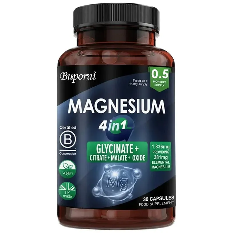 Complesso di magnesio 4 in 1 - Supporta il sistema nervoso, favorisce un sonno sano e il rilassamento muscolare e allevia lo stress