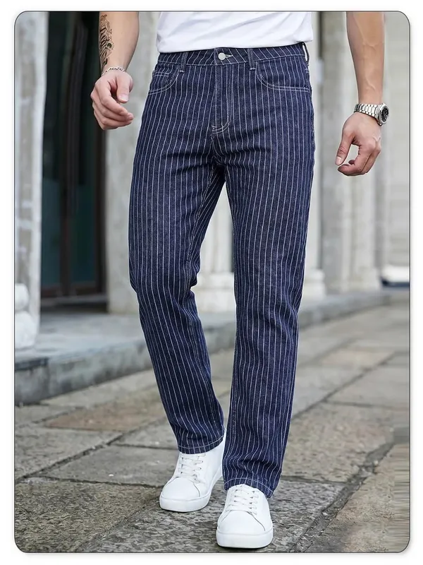 Leichte, luxuriöse, blau-weiß gestreifte Jacquard-Jeans mit schmaler, elastischer Passform und geradem Bein. Business-Casual-Jeans für Pendler — image 6