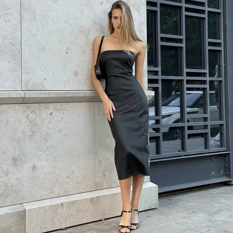 Abiti sexy senza spalline in pelle PU Abito da donna senza spalline senza maniche diviso sull'anca 2025 Abiti da festa primavera autunno — image 5