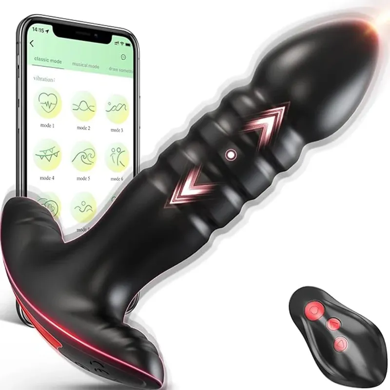 Bluetooth app empurrando plugue anal vibrador controle remoto telescópico massageador de próstata butt plug estimulador brinquedos sexuais para mulher