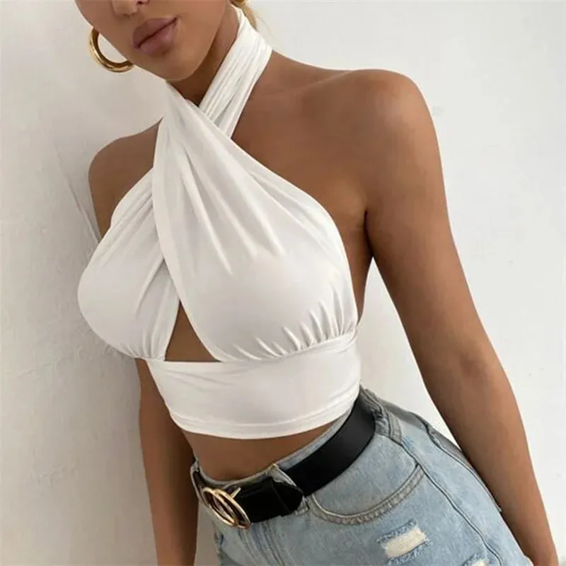 y2k ホルタートップ女性の夏服無地ノースリーブ背中の開いたベスト Tシャツ 2000s 美的服ストリート — image 3