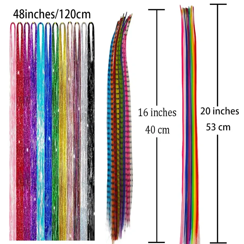 Bunte synthetische Federverlängerungen, 40,6 cm langes Haar-Werkzeugset für Frauen, 13 verfügbare Farben, 48-teiliges Set — image 4