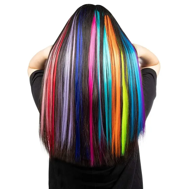 Kit Ekstensi Rambut Sintetis Pelangi 20 "10 Buah Ekstensi I-tip Berwarna dengan Jarum Kait Manik-manik Mikro untuk Cosplay Anak-anak Wanita — image 6