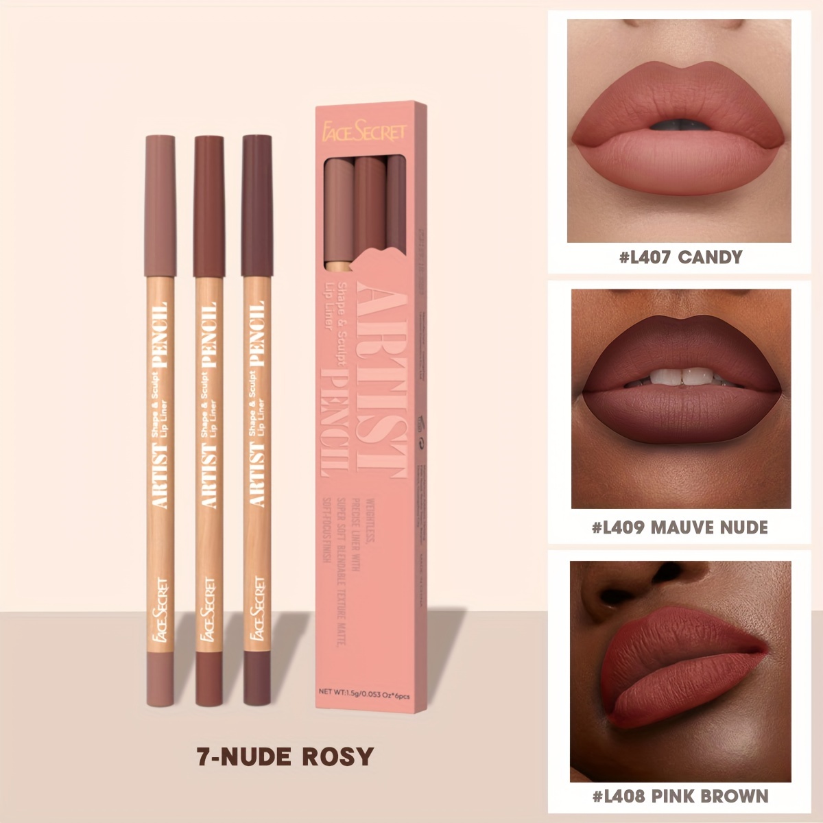 Face Secret 3 ชิ้นชุด Nude Lip Liner Natural Matte ยาวนานกันน้ำสูงสี Hook Line ดินสอเขียนขอบปากแต่งหน้า — image 13