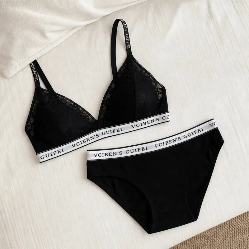 Comfortable Letter Design Lingerie Set Deep V Lace Women Underwear Suit Color Blocking Wireless Bra Panties Set Daily — image 4