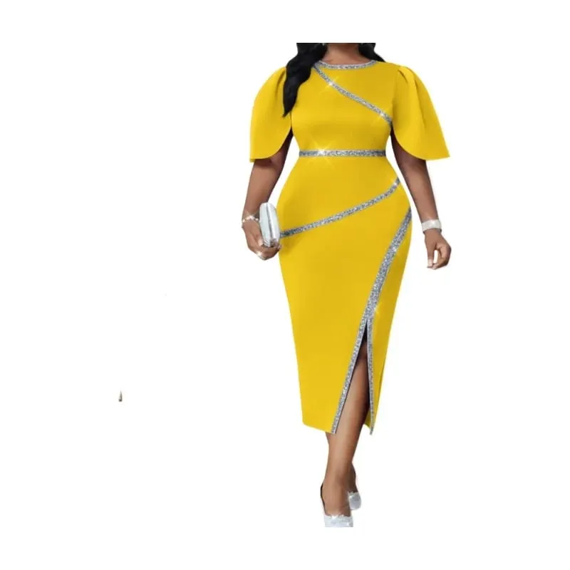 Femme Col Rond Manches Flutter Décor Diagonal Fendue Midi Moulante Robe Grande Taille pour Dîner Formel Mariage Invité Soirée Soirée Mode Occasions