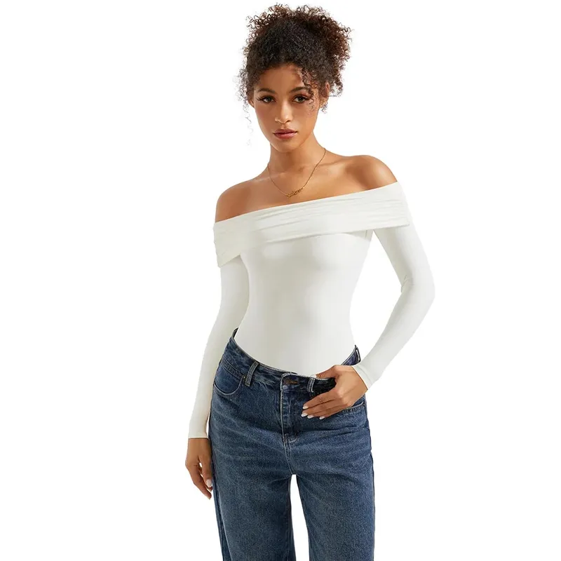 여성을위한 기본 긴 소매 바디 슈트 블라우스 가을 겨울 슬림 피트 오프 숄더 바디 슈트 streetwear y2k bodycon rompers femme — image 5