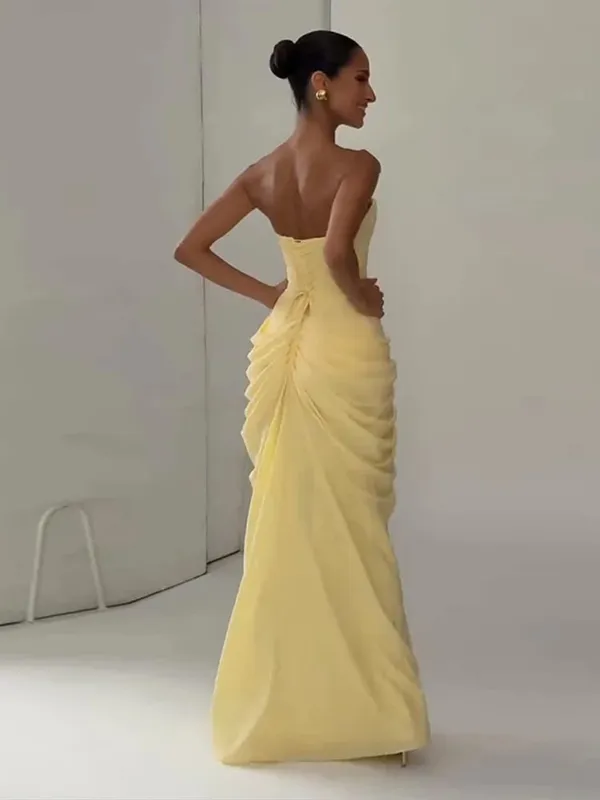 Seksi Pepejal Pleated Strapless Dress Wanita Chic Off-shoulder Backless High Waist Split Dresses Wanita 2026 Baharu Gaun Pesta Petang — image 4