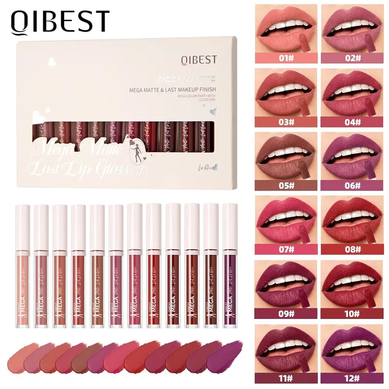 12 Colors Matte Lipgloss Kits Waterproof Long Lasting Liquid Lipstick Nude Purple Lip Mud Cosmetics Sets Lip Glaze Tint