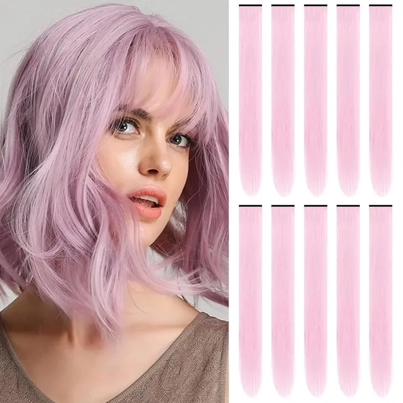Synthetic 10 PC Hair Extensions Red and Blue Clip in SOlldag Colored Party Highlights Straight Hairpiece for Kids Girls Women — image 10