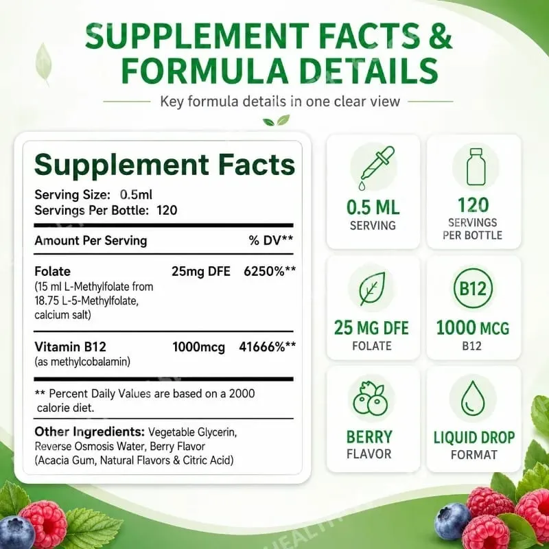Methyl Folate Drops Liquid with Folate and Vitamin B12 Supports Brain Health for Nervous System Care - 120 Servings — image 3