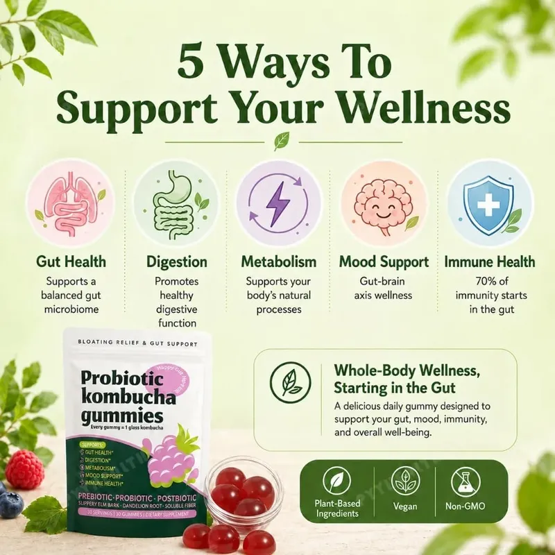 Probiotic Kombucha Gummies Every Gummy 1 Glass Kombucha Prebiotic Postbiotic Digestive Gut Health Vegan Berry Bliss 30 Gummies — image 2