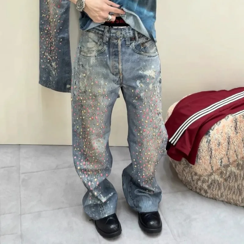 3D-gedruckte Volldiamant-Jeans für Männer, gerade gewaschen, Distressed, glänzende Diamon-Denim-Hose, Hip-Hop, lockere Baggy-Jeans — image 4