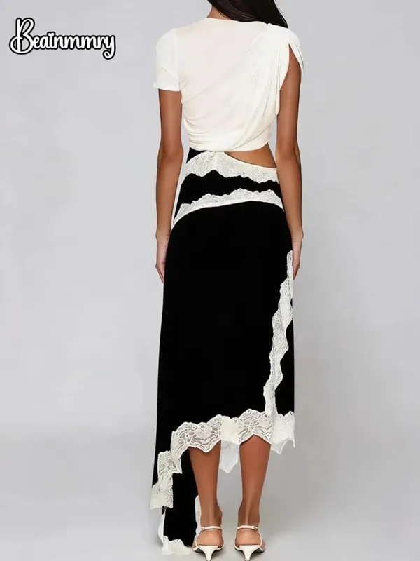 Lace Patchwork Cut Out Kortærmet snoet t-shirt farveblok samlet blondepanel Maxikjoler Dame Chic Daglig Outfit — image 3
