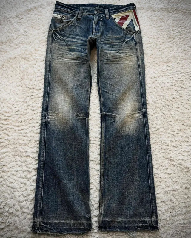 Vintage French Flag Pocket Patchwork Men's Jeans Y2K Low Waisted Straight Leg Blue Washed Denim Pants Women Casual Street Jeans — image 8