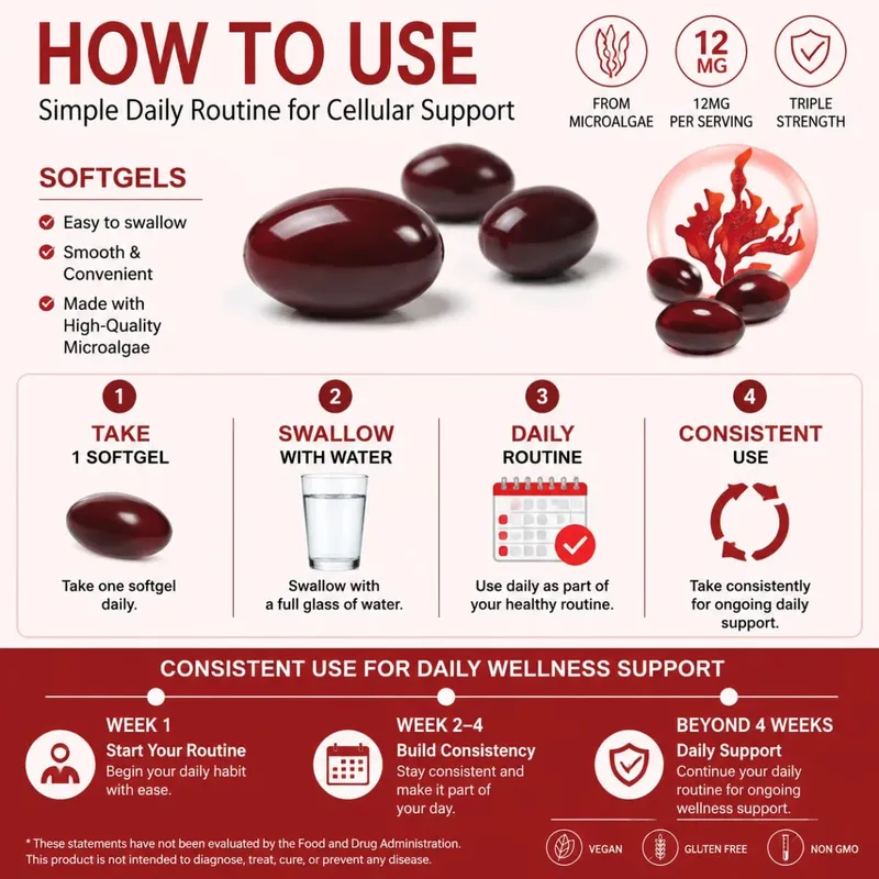Astaxanthin-Ergänzungsmittel, 12 mg Kapseln aus Mikroalgen, mit antioxidativer Unterstützung für die Gesundheit der Haut und gesundes Altern, 120 Stück — image 6