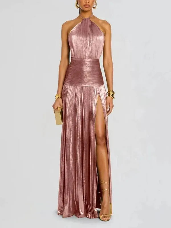 Gold Halter Neck Evening Dress Woman Chic Solid Color Pleated Backless Package Hip Slit Dress Fashion Trendy Lady Party Vestidos — image 4