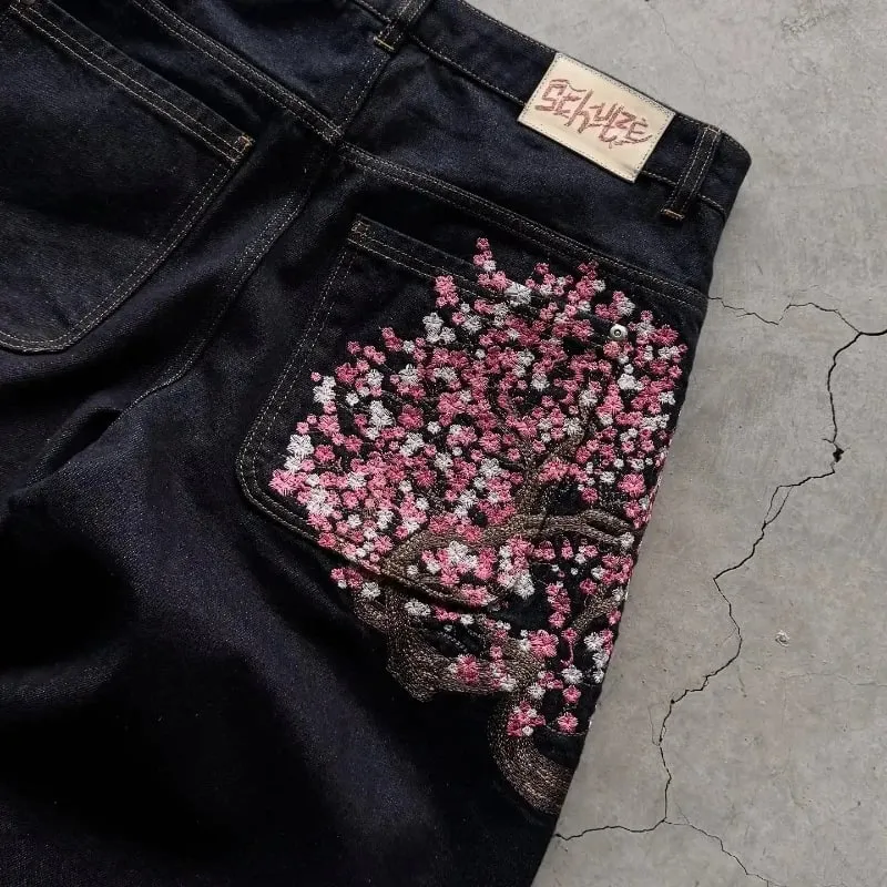 Y2K Baggy Jeans Cherry Blossom Embroidery Denim Pants Men Women American Hiphop Streetwear Wide Leg Denim Trousers — image 2