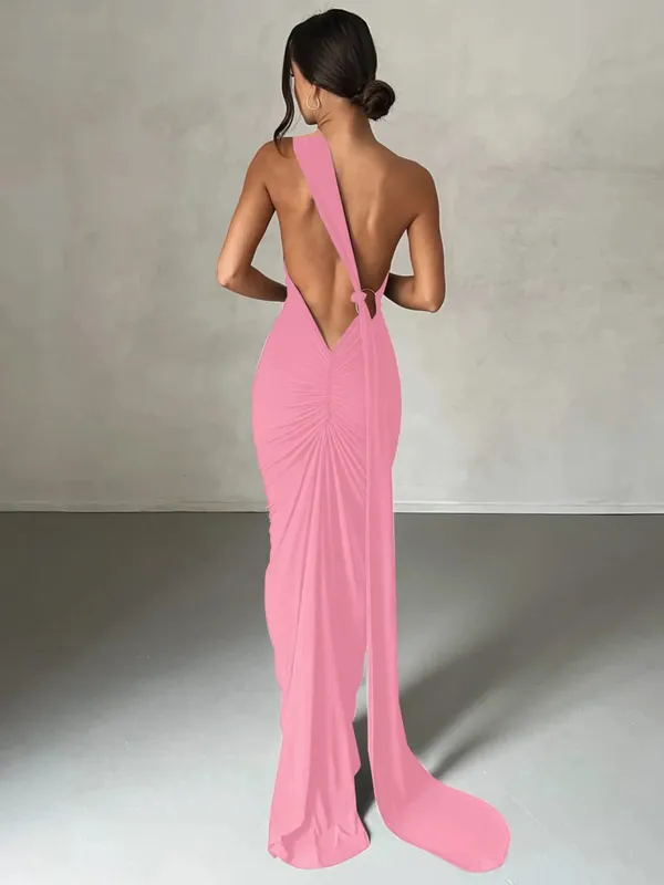 Hugcitar Satu Bahu Tanpa Belakang Selendang Boleh Laras Gelung Gaun Maxi Seksi Ruched 2025 Wanita Elegan Y2K Streetwear Festival Pakaian — image 20