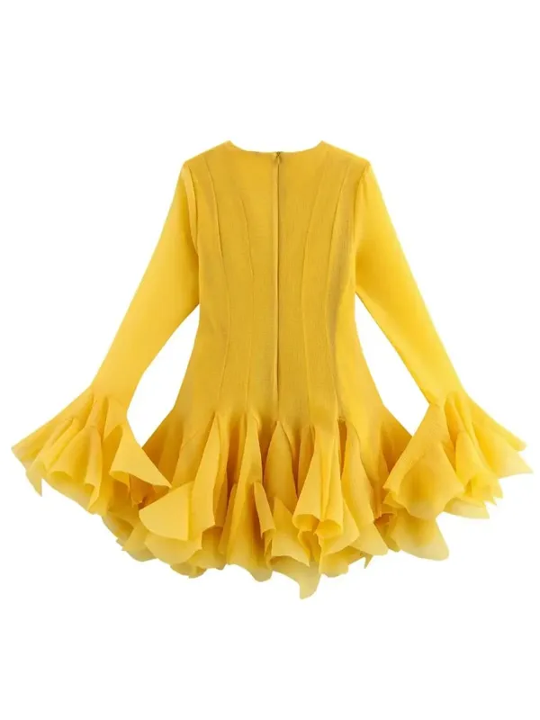 2026 Sommer Kvinders Elegante Flerlags Flæsede Kant-Minikjoler Dame Sød Fransk Stil Lange Flare-ærmer Slim Fit Puffy Robe