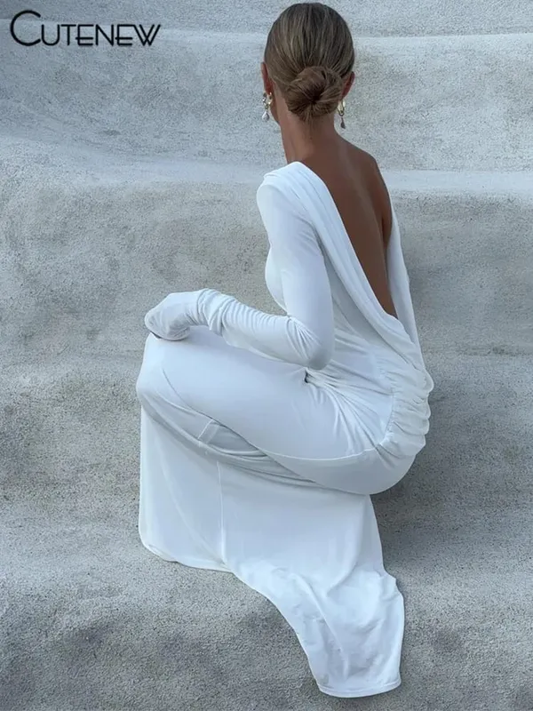 Cutew High Street Wanita Maxi Dresses Klasik Solid Backless Sarung Lengan Penuh Jubah Ringkas Wanita Elegan Jamuan Vestidos — image 2