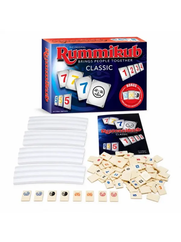 Rummikub 클래식 숫자 타일 전략 보드 게임 (랙 포함) 가족 파티 어린이 성인 영어 버전